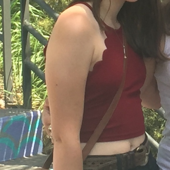 Wine Burgundy Red Halter Tank Top Camisole with Pretty Scalloped Edges Racerback - Picture 6 of 6